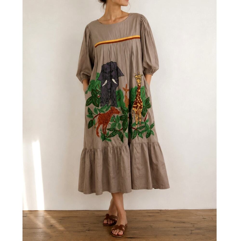 Vintage Go Softly Safari Midi Dress Jungle Animal Novelty Elephant Giraffe-M